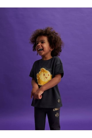Lolliboomkids Yeni Sezon Yıldızlı Karakter Baskılı Fitilli Taylı T-shirt Alt Üst Takım Sırt Yazı Baskı Detaylı Koyu Bej