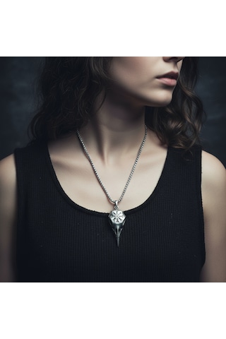 Koruma Kuzgun Kafatası - Vegvisir Gümüş Kaplama Örme Zincir Kolye Silver