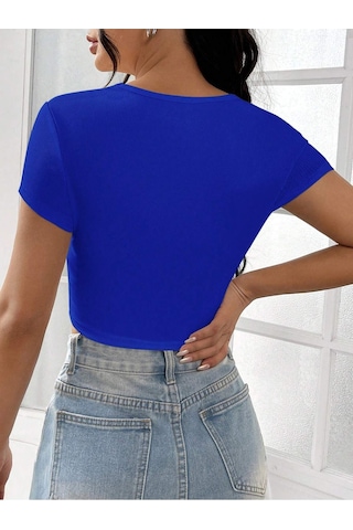 Kare Yaka Mavi Renk Fitilli Kısa Kollu Slim Fit Crop Top Bluz