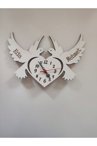 Duvar Saati Kuşlu Kişiye Özel Beyaz