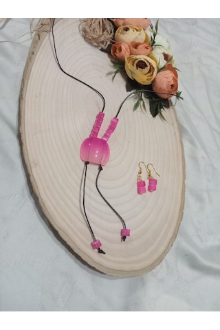 Deri İpe Yapılmış Pembe Uçlu Modern Y Kolye Ve Küpe Takımı Pembe