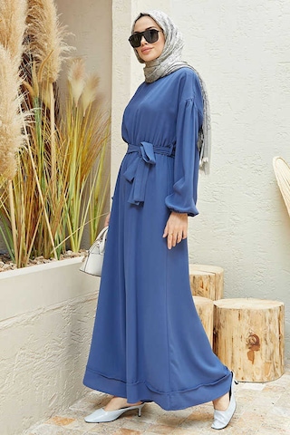 6569-Krep Tulum Elbise İndigo