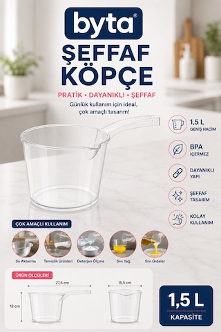 1,5 L Şeffaf Saplı Aktarma Kabı Bpa İçermez Çok Amaçlı Ölçü Ve Dökme Kabı Şeffaf