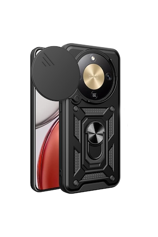 Maks Technology Honor Magic 8 Lite 5g Kılıf Magnetik Standlı Kamera Korumalı Mkst Sürgülü Vega Kapak - Siyah