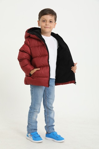 Erkek Çocuk Bordo İçi Polarlı Kapüşonlu Su Geçirmez Rüzgara Dayanıklı Cepli Şişme Kışlık Mont Bordo