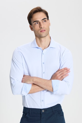 George Henry Pamuklu Oxford Slim Fit Dar Kesim İtalyan Yaka Armürlü Gömlek Mavi