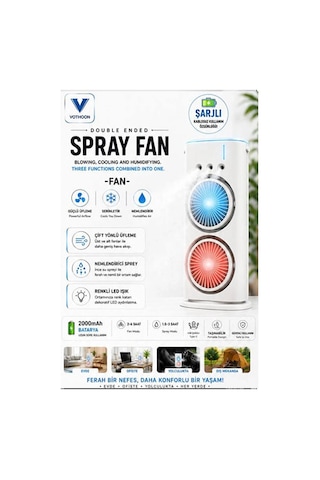Çift Başlıklı Sprey Fan Nemlendirici Ve Renkli Led Işıklı Beyaz Evimdeyokyok