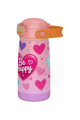 Puccon 420 Ml Pembe Kalp Desenli Bey Happy Yazılı Kız Çocuk Çelik Okul Matarası - 60020 Koyu Pembe