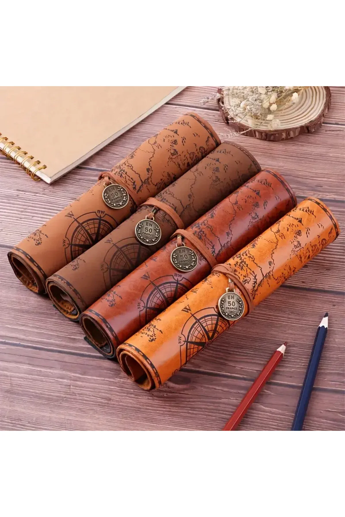 Yaratıcı Hazine Haritası Retro Kalem Kutusu Deri Büyük Kapasiteli Rulo Kalem Çantası Koyu Kahverengi Ve Parlak Kahverengi