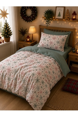Mystory Home Tek Kişilik Lastikli Çarşaflı Nevresim Takımı Christmas Kırmızı - Yeşil