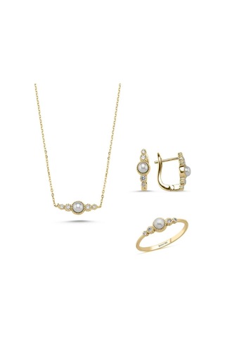 Çıtır Doğal İncili 0,45 Karat Pırlanta Küpe Kolye Yüzük Üçlü Set 10 / Sarı Gümüş