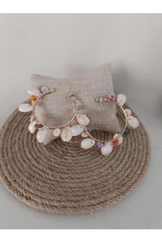 Hdmarketim Otantik Doğal Taş Deniz Kabuklu Vintage Küpe Çok Renkli