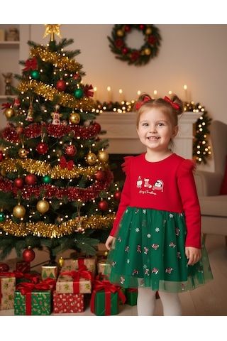 Kız Çocuk Snowman And Penguın Tüllü Yılbaşı Elbise Nbk-24915 Kırmızı