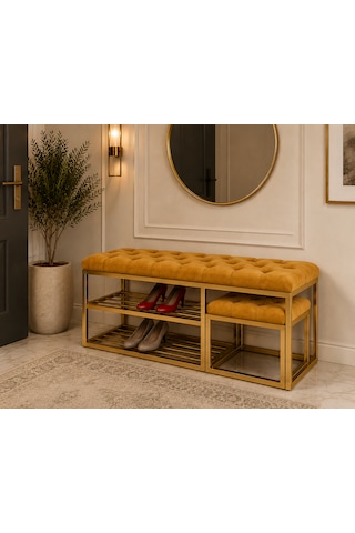 Gold Metal Bench Ayakkabılık Bank, Kapı Girişi Puf Ayakkabılık Sarı