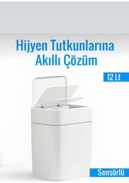 Sensörlü Çöp Kovası 12 Litre Beyaz Kızılötesi Sensörlü Otomatik Kapak Sessiz, Antibakteriyel Beyaz