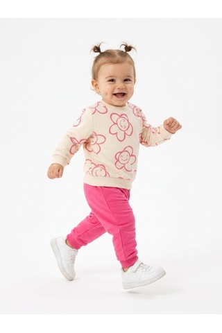 HelloBaby Pamuklu Çiçek Detaylı 2li Kız Bebek Takım Fuşya