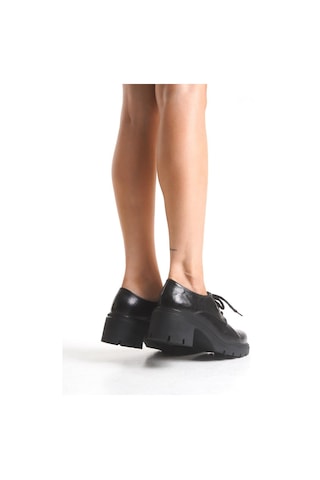 Aymood K-707 Siyah Kırışık Rugan Yüksek Tabanlı Bağcıklı Loafer Ayakkabı Siyah