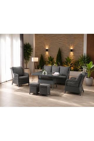 Vi Lza 7 Kişilik Rattan Bahçe Balkon Teras Oturma Grubu Gri Minderli 3+1+1 80x140 Cm Masa, 2 Adet Puf - Antrasit