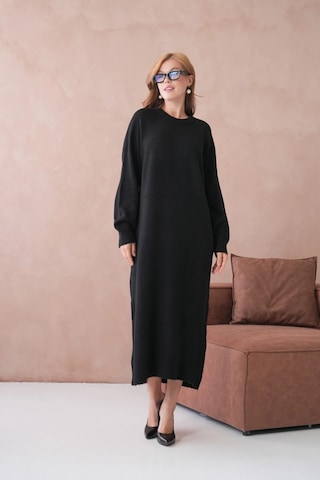 Kadın Bisiklet Yaka Yumuşak Dokulu Maksi Boy Şardonlu Oversize Triko Elbise 8324sw Siyah