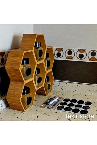 6'lı Baharatlık Takımı Ahşap Bambu Eskitme Standlı Petek Model Bambu