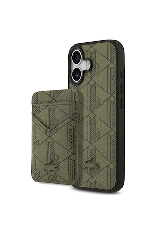 Apple Uyumlu iPhone 17 Kılıf Lacoste Lisanslı M-safeli Pu Deri Tasarımlı Kartlıklı Karışık Monogram Kapak Yeşil Yeşil