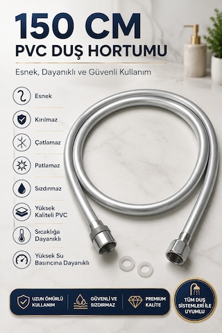 Gümüş Pvc Duş Hortumu 150 Cm Dolanmaz 360 Döner Başlıklı Yüksek Basınçlı İnox Banyo Spirali