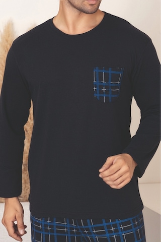 Sude Homewear Erkek Ekoseli Cepli Uzun Kollu Pijama Takımı Lacivert