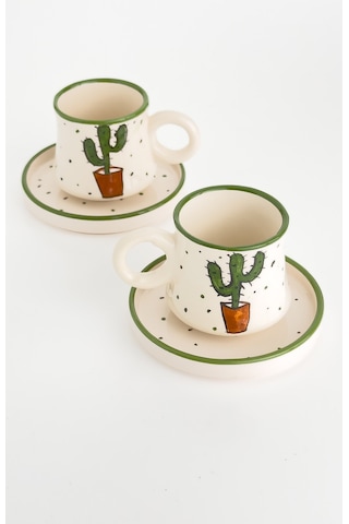 2 Li Takım Kaktüs Desenli El Yapımı Kazan Seramik Kahve Fincanı, Kahve Fincanı Beyaz