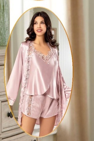 Xses 2165 Kadın Saten Empirme Sabahlıklı 4'lü Pijama Takım-pudra Pudra