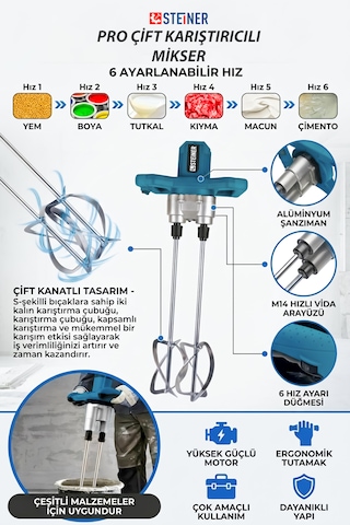 Steiner 2100 W Elektrikli Sjs Metal Şanzıman Profesyonel Çift Başlı Alçı Boya Harç Karıştırıcı Mikser