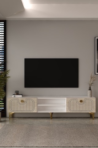 180dhdtsr3bta Hera Lazer Desenli Raflı Tv Sehpası,ünitesi Beyaz-traverten-altın