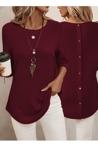 Tua Moda Kadın Uzun Kollu Yuvarlak Yaka Arkadan Düğmeli Waffle Bluz Bordo