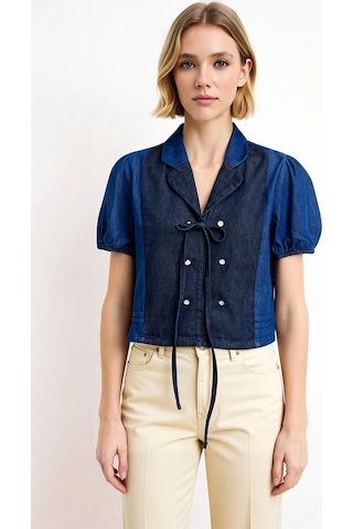 Benerly Kadın Bluz Gömlek Yaka Balon Kol Kısa Crop Boy Renk Bloklu Denim Mavi