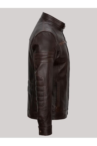 Hakiki Kuzu Derisi Kahverengi Koldan Düz Çizgili Fermuarlı Dört Cepli Erkek Deri Mont Kahverengi