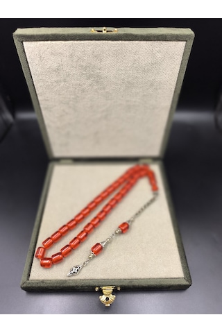 Osmanlı Benzetme Sıkma Kehribar Tesbih Ateş Kırmızısı, 9x10 Mm Gümüş