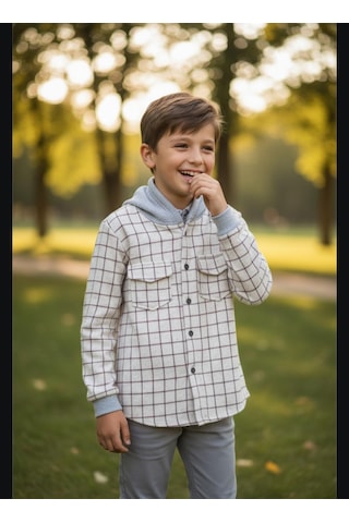 Gala Kolu Lastikli Kapüşonlu Ekoseli Unisex Çocuk Gömlek KREM
