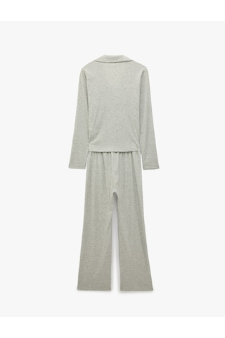 Koton Rahat Kalıp Uzun Kollu Düğmeli Gömlek Yaka Kaşkorse Pijama Takımı Gri Melanj 7wlk40203mk