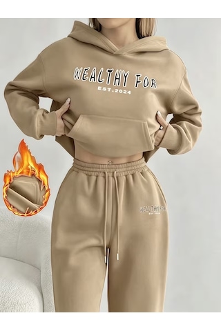 Macklin Unisex Kadın Erkek Healty For Baskılı Oversize 3 İplik Kapüşonlu Sweatshirt Ve Baggy Eşofman Altı Bej