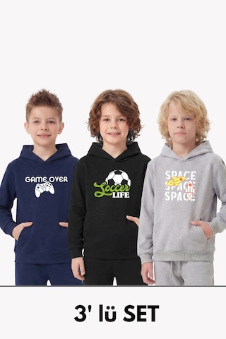 Panios Kids 3'lü Kanguru Cepli Kapüşon Detaylı Baskılı Erkek Çocuk 3 Parça Sweatshirt Lacivert - Siyah