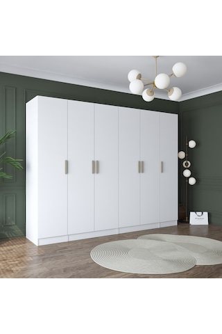 Rani Ba157 Geniş Gardırop Elbise Dolabı 6 Kapaklı 13 Raflı 3 Askılı Modüler Dolap Beyaz