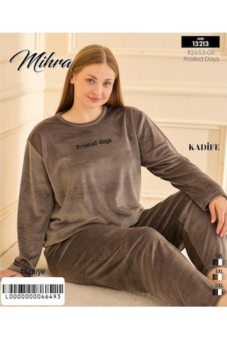Mihra Kadın Kışlık Bisiklet Yaka Kadife Battal Pijama Takımı 132213g - 1 Adet Gri