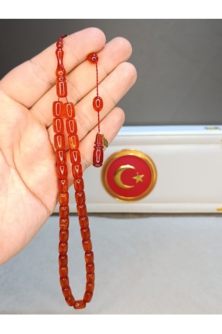 Simli Ateş Kehribar Tesbih Usta Yapımı Açık Kırmızı