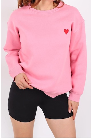 İs Berceste Kadın Bisiklet Yaka Kalp Nakışlı 3 İplik Şardonlu Sweatshirt Pembe