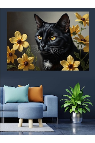 Ahşap Tablo Çiçekler İçinde Siyah Kedi Portresi Şehir Tabloları