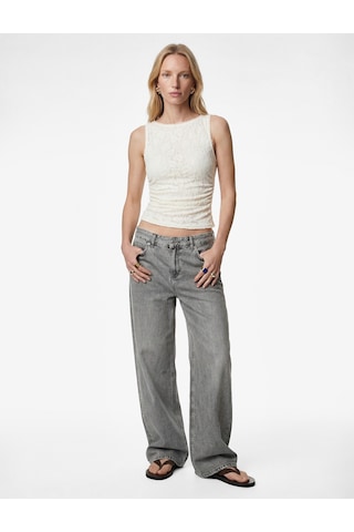 Koton Slim Fit Kolsuz Yuvarlak Yaka Dantelli Bluz Ekru 6sak10009ek