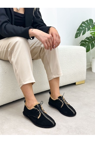 Erva'nın Butiği Siyah Hakiki Deri Sorry İçi Peluş Bağcıklı Kadın Ayakkabı-6395
