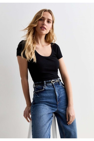 Rooted Kadın Kare Yaka T-shirt & Bluz , Likralı Fitilli Kaşkorse Kumaş SIYAH