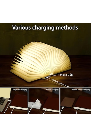 5.7 İnç Ahşap Kitap Lambası, Çok Renkli Katlanır Kitap Lambası Otomatik Olarak Renk Değiştirir, Usb Şarj Edilebilir Ahşap