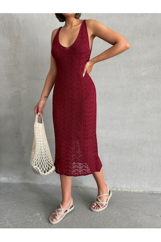 Kadın Askılı Ajurlu Yazlık Triko Elbise Bordo