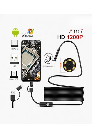 Endoskop Yılan Video Kamera Led'li 2 Metre 7 Mm Sert Kablo Su Geçirmez All In